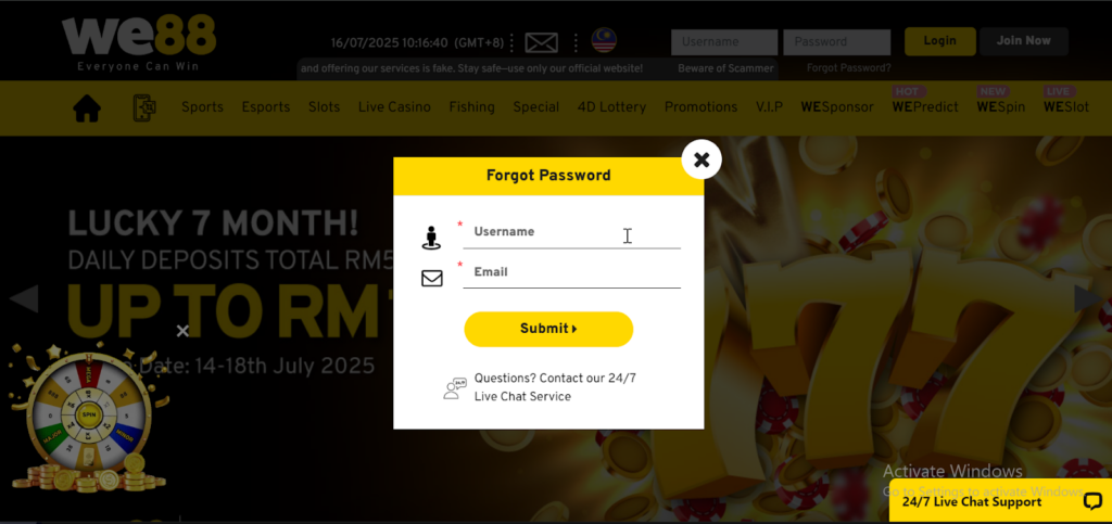 We88 forgot password